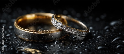 Two wedding rings with water droplets. One gold, one silver with diamonds. Black, wet background