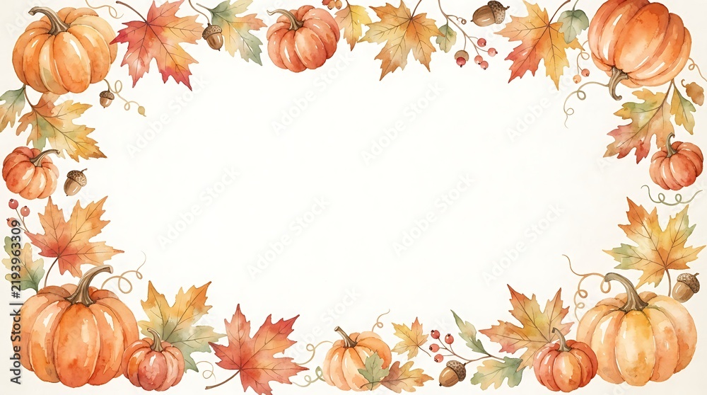Fototapeta premium Watercolor autumn pumpkin frame, fall harvest border with maple leaves and acorns, rustic seasonal background for thanksgiving invitations