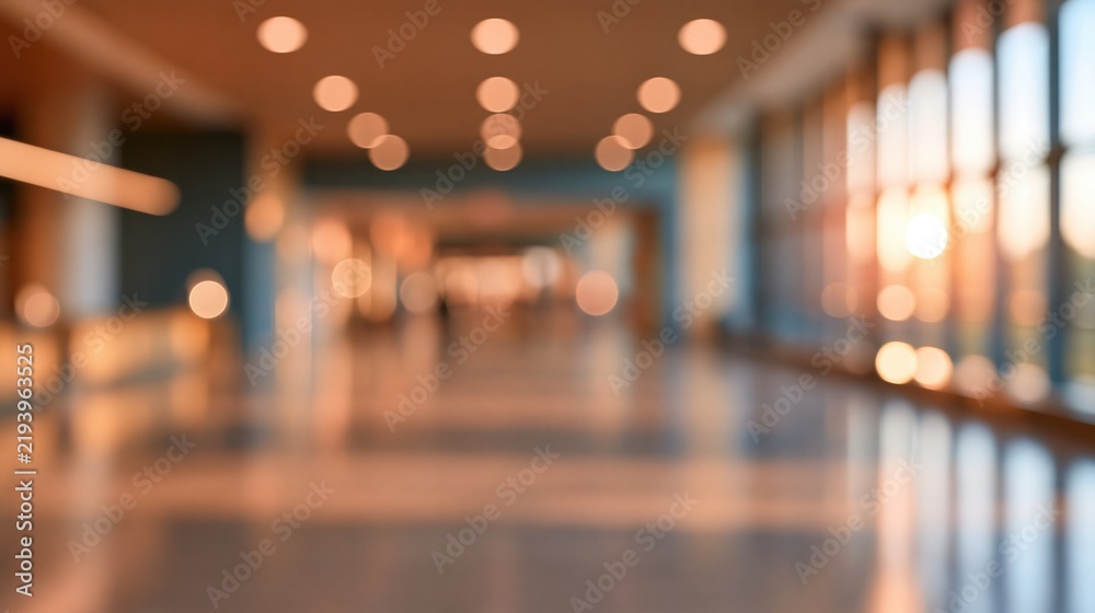 Obraz premium blurred modern office hallway with warm bokeh lights