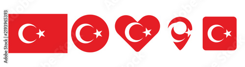 A collection of various shapes featuring the national flag of turkey including rectangular circular heart and location pin icons