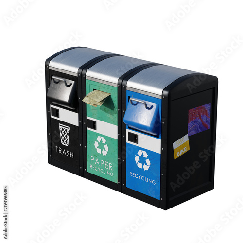 Modern public recycling station with separate bins for trash paper and general recycling.