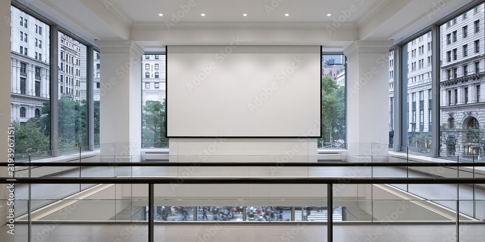 Fototapeta premium Modern white gallery space with large screen and