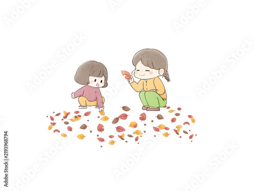 落ち葉を拾う親子　落ち葉多いバージョン