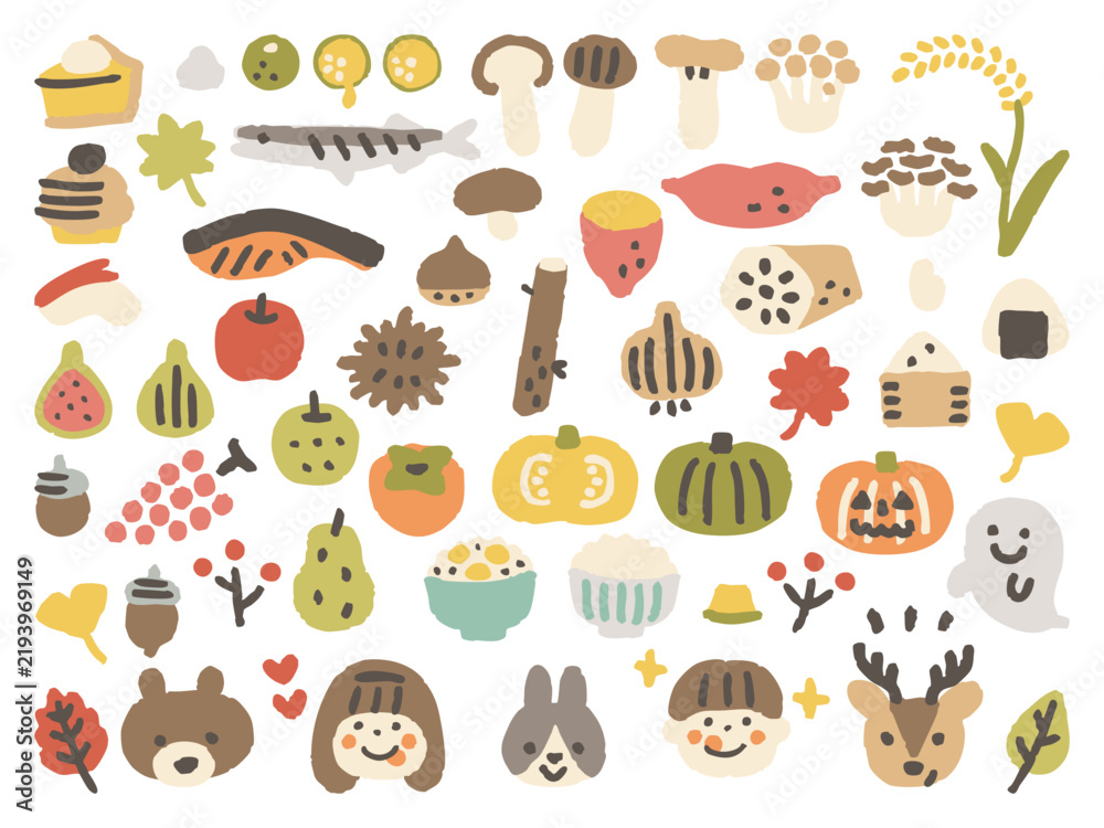 Obraz premium 手描きかわいい秋の味覚セット 線画なし②