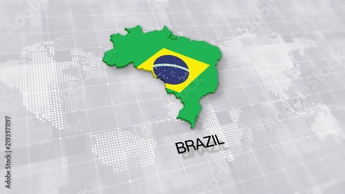 Brazil map with national flag on white digital world map background, global political, geographic border for international news concept with minimal background