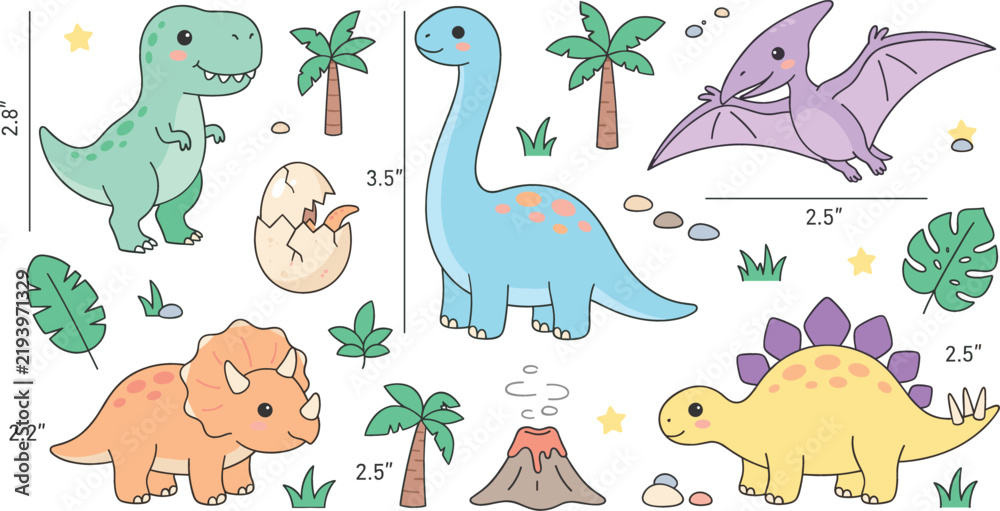 Obraz premium Cute dinosaur vector cartoon set including t-rex stegosaurus triceratops pterodactyl egg and palm trees isolated on white background