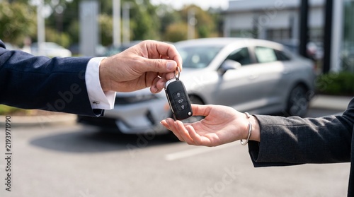 Car Keys Exchange Between a Dealer and a New Owner at a Car Dealership Outdoor Lot