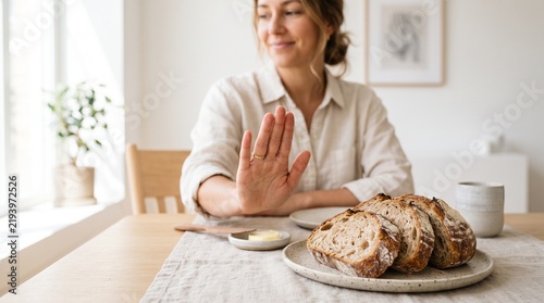 Woman Refusing Bread with Hand Gesture at Table Representing Dieting and Healthy Eating Choices