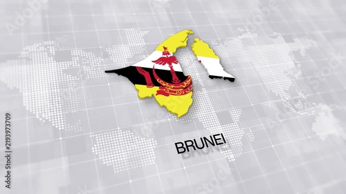 Brunei map with national flag on white digital world map background, global political, geographic border for international news concept with minimal background