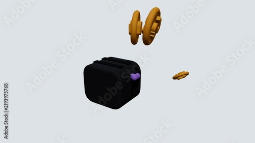 A highly satisfying, crisp, and clear 3D animation featuring a dark slate claymorphism toaster acting as a rapid-fire money-making machine. 