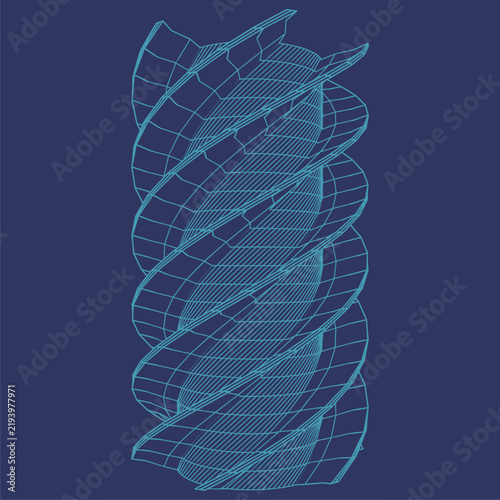 A twisted helix column drawn as a wireframe grid mesh coils from top to bottom. It suits themes of spiral motion, rotation, vortex, energy, technology, science, biology, dna and futuristic design.