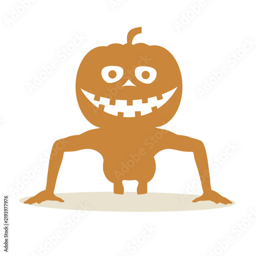 A figure with a big grinning jack-o-lantern pumpkin head doing push up exercise. A playful Halloween silhouette for party, holiday, festival, autumn, costume, fun, humor and spooky themes.