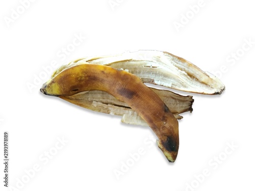 Close-up of a peeled, overripe, and rotting brown banana isolated on a white background with a soft shadow. Represents concepts of food waste, organic composting, decomposition, and expired food.