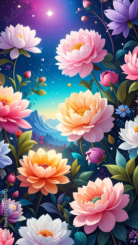 Obraz na płótnie 星空と山を背景に咲く幻想的なカラフルな花々
