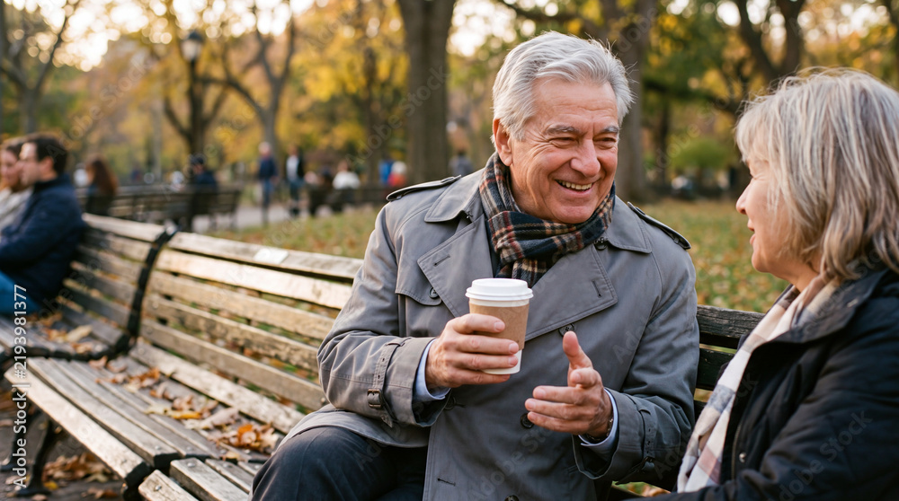 Fototapeta premium A content senior man enjoying coffee on an autumn park bench for peaceful fall lifestyle and healthy social wellness content.