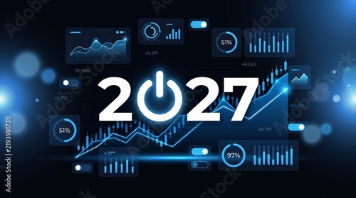 New Year 2027 Technology Background with Futuristic Digital Dashboard and Business Analytics Chart
