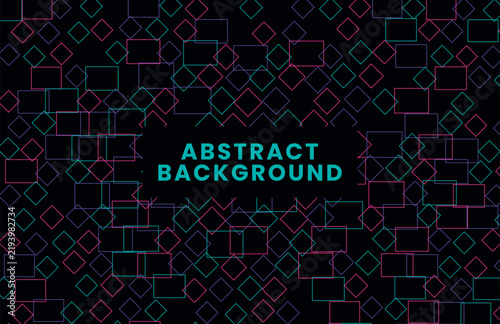 Abstract geometric dark background pattern with colorful square and rhombus outlines for web design and poster.