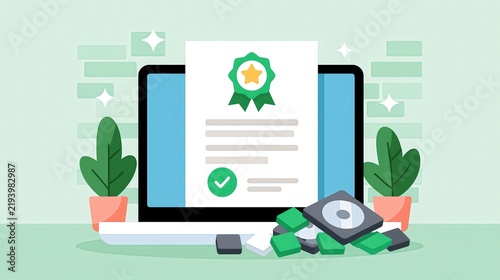 Digital certificate displayed on a laptop screen surrounded by data storage devices.