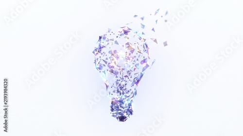 Minimalist concept of a glowing lightbulb formed by floating geometric particles, tech innovation and creative idea metaphor 