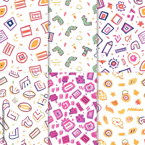 Colorful Line Doodle Seamless Pattern with Minimalist Shapes and Modern Abstract Design