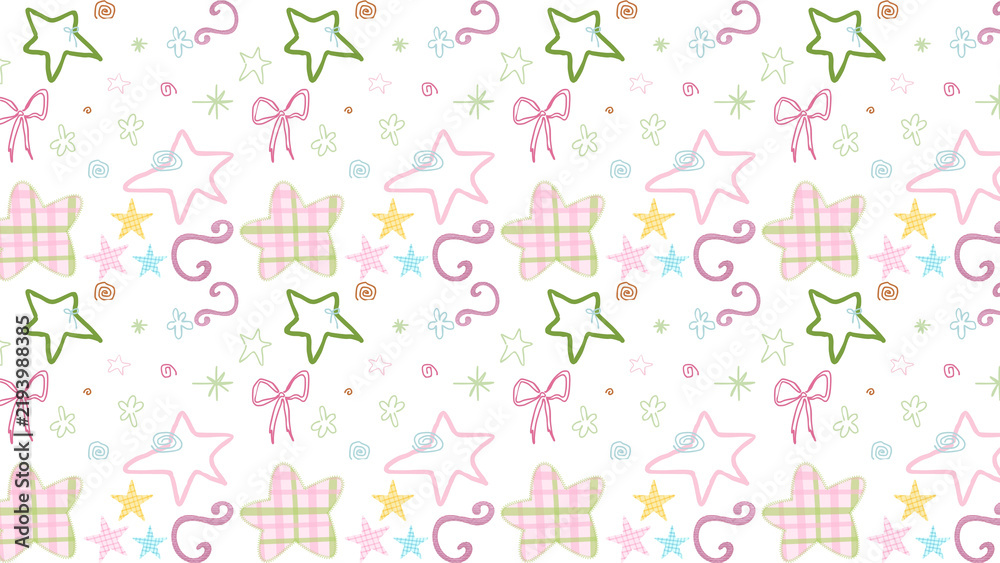 Obraz premium Pastel baby pattern with stars and bows, cute nursery wallpaper background, hand drawn whimsical star doodles for gift wrap and textile design