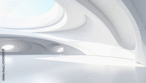 Bright futuristic architectural interior with smooth white curved walls and natural light