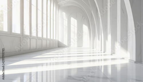 Sunlight streaming through a modern white architectural space with arched columns and large windows