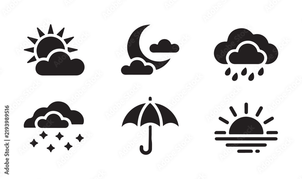 Obraz premium Set of black weather icons featuring sun moon clouds rain and umbrella shapes for mobile app interface design.