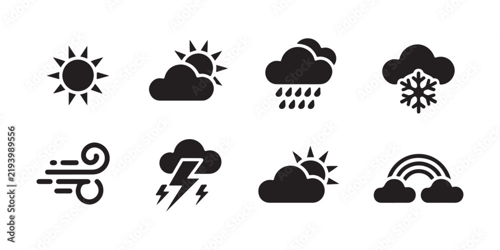 Obraz premium Weather icon set featuring sun clouds rain snow wind storm and rainbow shapes for professional climate apps.