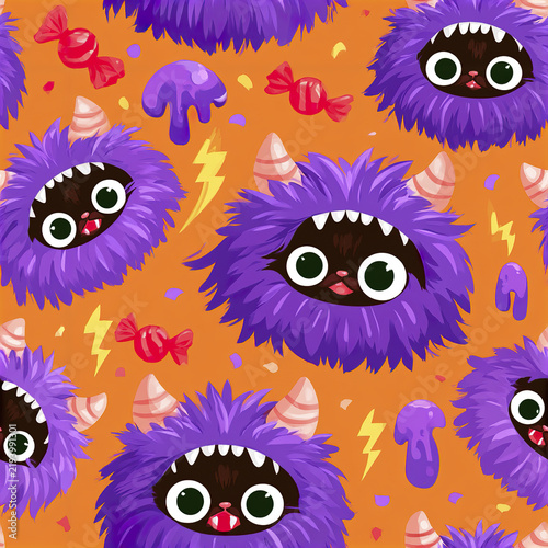 Adorable kitten faces wearing purple monster hoods with horns and big eyes on orange background with candy and lightning