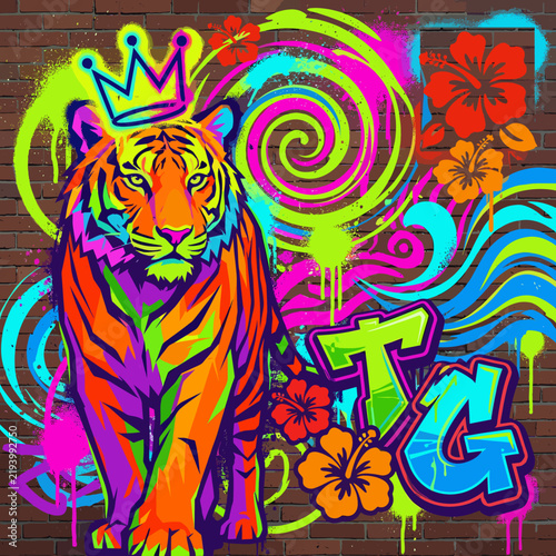 Tiger walking through colorful graffiti and tropical flowers.