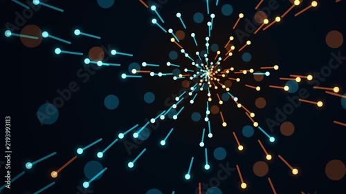 Dynamic digital data flow abstract background with glowing blue and orange particle rays creating a f