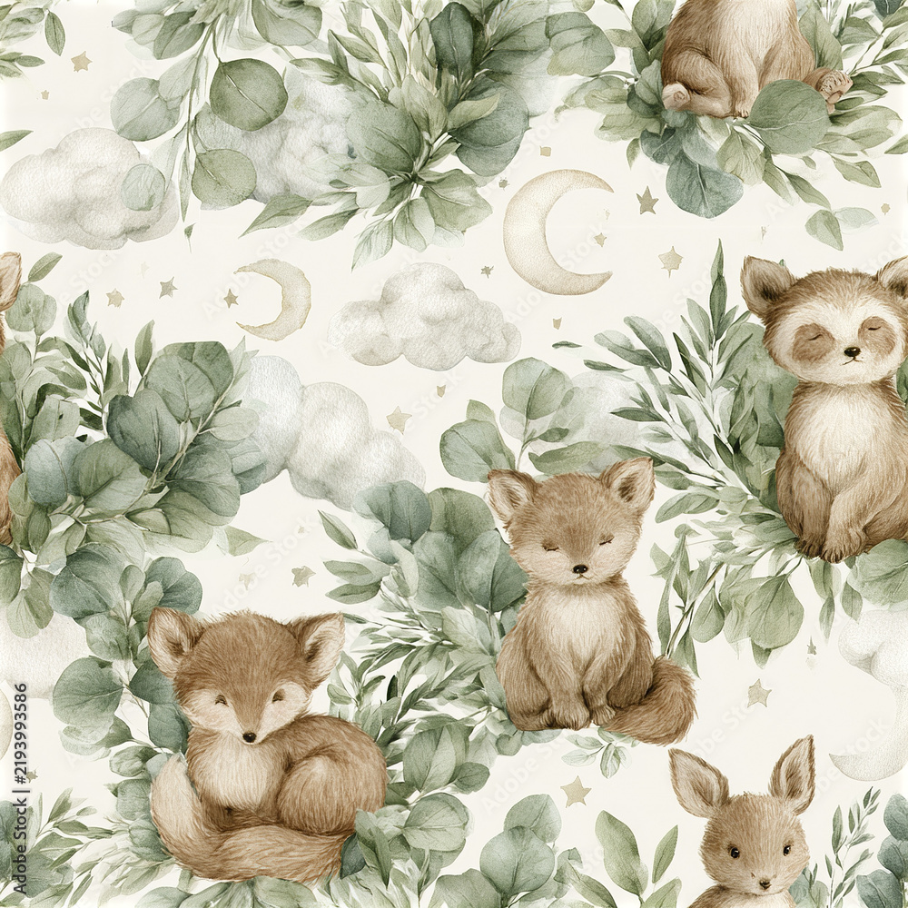 Obraz premium Baby nursery eucalyptus pattern with soft watercolor leaves, cute fox, raccoon, rabbit, moon, and cloud for gentle decor