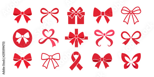 Red bow and ribbon icon collection featuring elegant gift bows, decorative ribbons and awareness symbols, isolated on white background in a clean flat vector style.