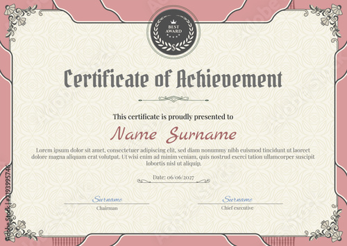 Elegant pink certificate of achievement template with luxury vintage frame. Elegant wedding gift certificate template with luxury romantic pink border