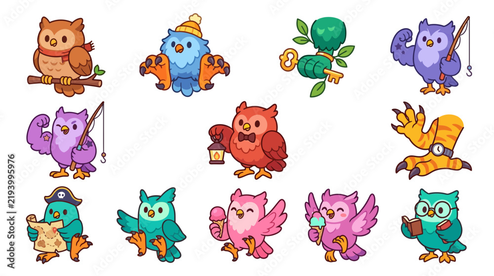 Obraz premium Cute owl characters with various outfits and hobbies.