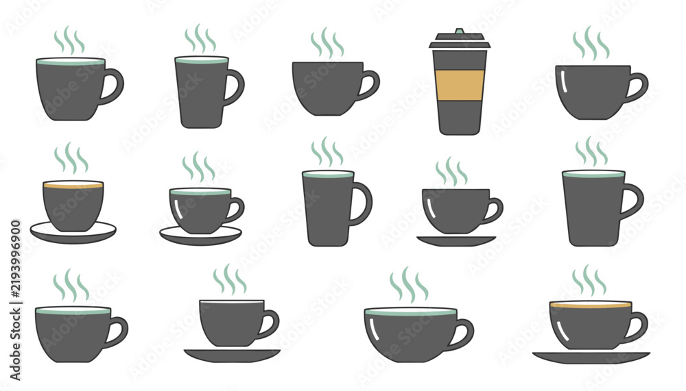 Obraz premium Minimalist coffee icon set displaying fifteen dark grey cups with steaming hot drinks in different shapes over a white background.