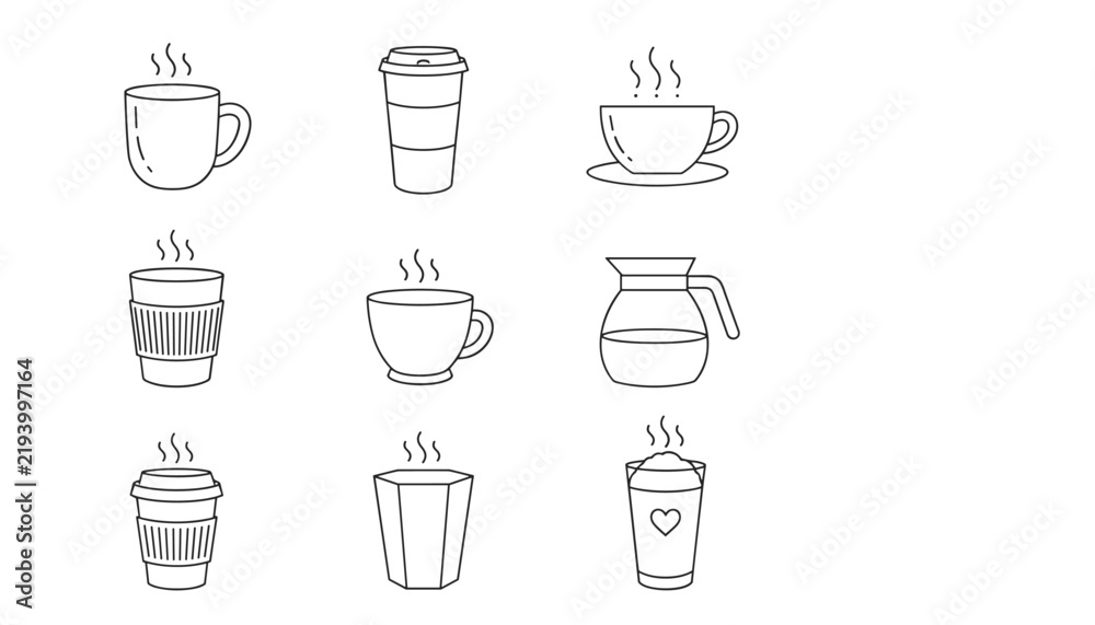 Obraz premium Collection of minimalist coffee and tea cups, mugs, and jugs shown in black and white line art over a clean white background.