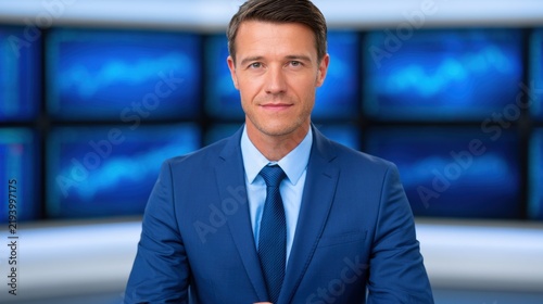 Professional news anchor delivers stock market update in digital broadcast studio