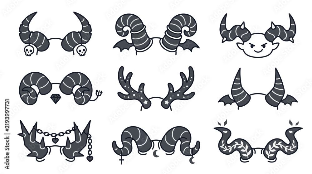 Fototapeta premium Demonic and animal horn headwear icons set.