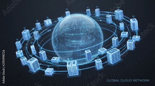 Glowing digital globe surrounded by ring of servers representing global database storage.
