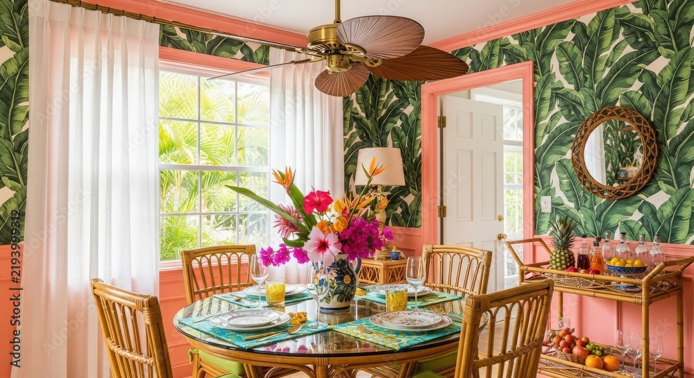 Fototapeta premium Vibrant tropical dining room featuring banana leaf wallpaper, coral trim, a rattan dining set, and a bar cart filled with drinks and fresh fruit.
