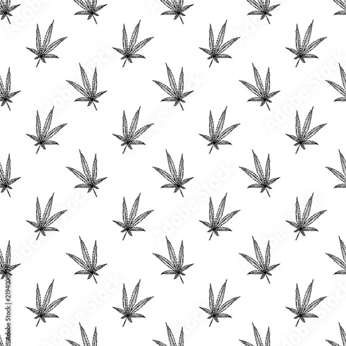 Seamless pattern with hand drawn cannabis leaf Medicine marijuana Hemp leaves For decorative print, wrapping paper, fabric, packaging, background