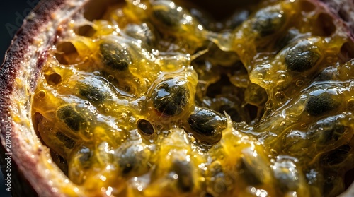 Close-Up Action of Passion Fruit Seeds Inside Delicious Nature Food in Bright Environment