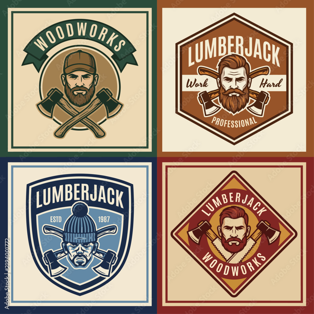 Fototapeta premium A collection of vintage lumberjack logos showcasing rugged men with axes, representing craftsmanship, strength, and the outdoors in a stylized and artistic manner.