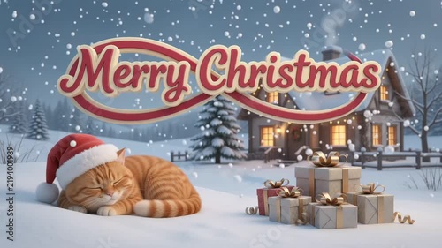 A cute ginger cat sleeping in a snowy winter village with gifts, featuring animated Merry Christmas text for festive holiday greeting card videos and seasonal social media posts.