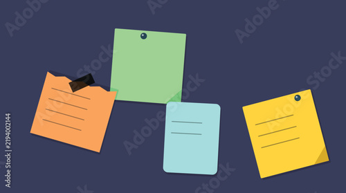 Colorful sticky notes with papers floating