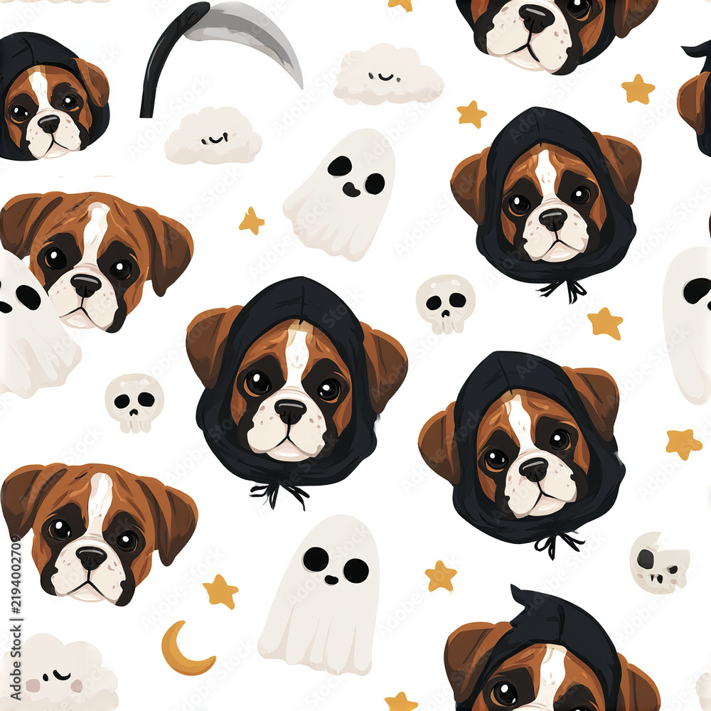 Obraz premium Cute boxer puppy faces dressed as little grim reapers with ghost, skull, stars, moon, and scythe for Halloween fun
