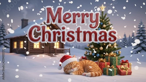 Animated 3D motion graphics background featuring a cozy winter cabin, sleeping cat in Santa hat, and Merry Christmas text for holiday greeting cards and festive video intros.