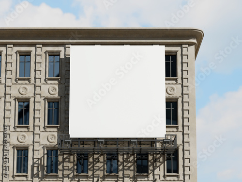 Blank square billboard mockup on classical building exterior